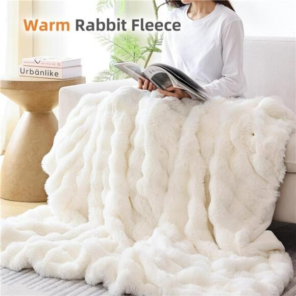 Faux Fur Throw Blanket Cream White Fluffy Soft Fleece Couch Bed Decor 50x60 - Picture 5 of 7